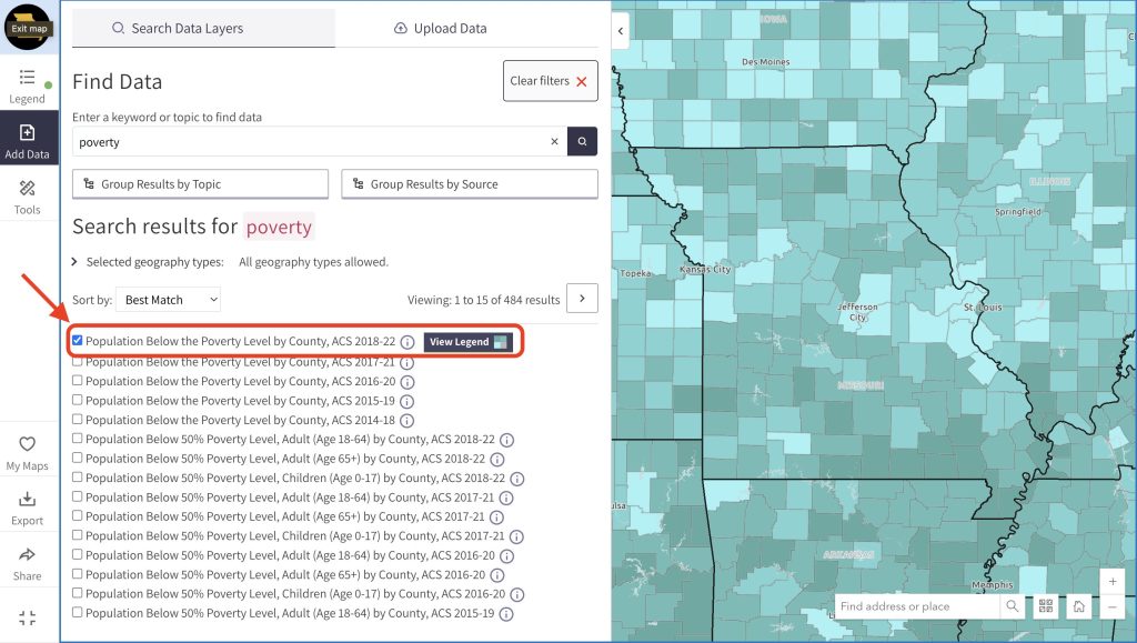 A red circle points to the checkbox beside a map layer on Population Below the Federal Poverty Level.